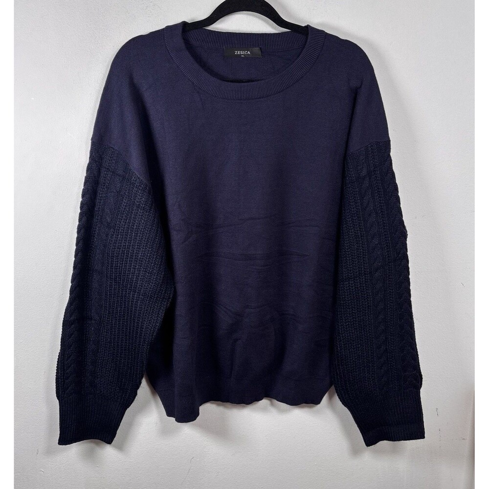Zesica XL Navy Blue Knit Sweater Cable Knit Textured Sleeves Crewneck Preppy